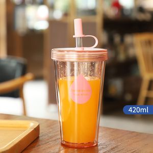 Double Layer Portable Water and Coffee Cups Simple Plastic Cup with Straws Lids and Dust Stoppers