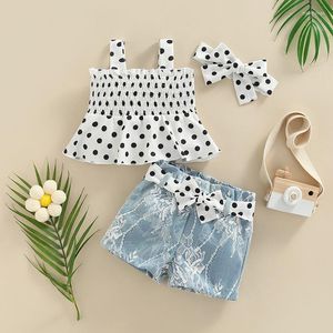 Clothing Sets 0-18m Infant Girls Four-Piece Suit White Dots Print Camisole Denim Shorts Waistband And Headdress Summer Casual Outfits