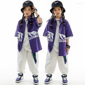 Stage Wear Moda Hip Hop Costumi di danza per bambini Cappotto viola Pantaloni bianchi larghi Streetwear Ragazze Jazz Practice Rave Clothes DN15310