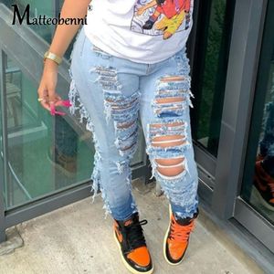 Women's Pants s Jeans Sobek Berlubang Kasual Baru Celana Denim Skinny Elastis Pinggang Tinggi Seksi Wanita Pensil Retro Rumbai Saku 230515