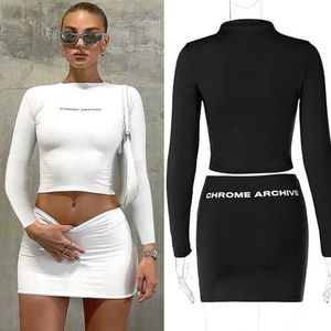 Retail Desinger Casual Dresses Women Two Piece Outfits Fashion Letter Printed Outfits Long Sleeve Top Slim Short Skirt Set