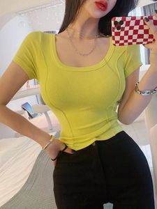 Women's T-Shirt OUMENGKA Y2K Sweet Cute Crop Top Pullovers Vintage Rib-Knit T Shirt Women Skin Contrast Topstitching Prepply Girls Tees 230516