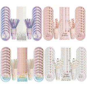 Disposable Dinnerware 5085Pcs Dot Paper Disposable Tableware Pink Bow Gradient Cup Plate Straw for Happy Birthday Babay Shower Party Decor Supplies 230515