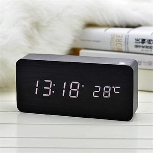 Desk Table Clocks USB/AAA Power Wood Table Clock Digital LED Electronic Alarm Clock Desktop Snooze Voice Control Desk Watch Bedside Decor Student AA230515