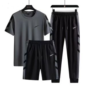 Fatos de treino masculinos Shorts e calças de manga curta de grife conjunto de duas peças/três peças Roupa esportiva com gola redonda de seda real velocidade opcional