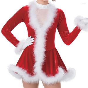 Stage Wear Velvet Feather Christmas Latin Dress Girls Costume da ballo a maniche lunghe rosso per adulti Grazie a Frank C386