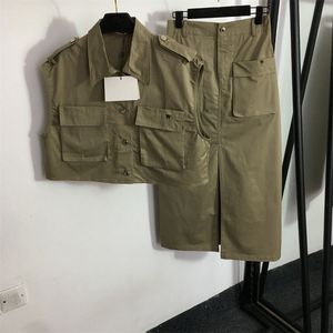 Womens pocket two piece dress sets fashion summer sleeveless army green pocket suits vest tops +split ankle length skirts cool clothes women woman clothing