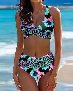 Budiers korseler kadın mayo gündelik spor kadınlar 2023 yaz moda plajı tatil ayçiçeği leopar baskı haçlı yular sıska bikini seti dp7f