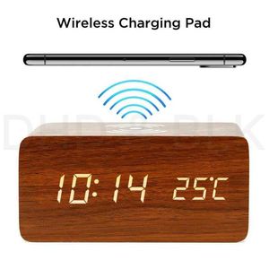 Desk Table Clocks Electric LED alarm clock with phone wireless charger Wooden Creative w  Qi Wireless Phone Charging digital thermometer clock AA230515