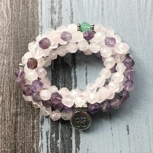 Tennis-Armbänder, Mala-Halskette für Frauen, Sternschliff, natürliche Rosenquarz-Amethysten, Yoga-Armband, Lotus, 108 Perlen