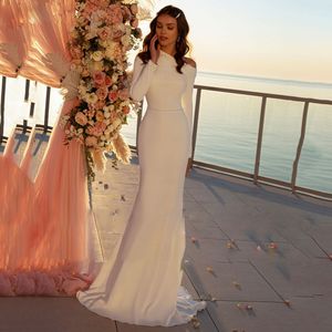 Asymmetrical Neck Mermaid Wedding Dresses Vestido De Novia Long Sleeve Bead Sash Satin Bridal Gowns Beach Mariage 407