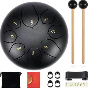 Zungentrommel aus Stahl, 8 Noten, 6 Zoll, schwarzes Tamburin, geeignet für Anfänger, Erwachsene, Kinder, Musikinstrument mit Schlägel für Yoga-Meditation