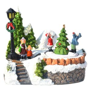 Figurki dekoracyjne przedmioty Święta LED LED LED LED Muzyczna wioska Rzemiosła Ozdoba Luminous Durving Snowman Xmas Tree Bateria Opera