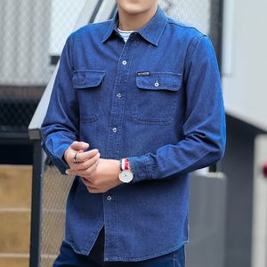 Men's Casual Shirts #4703 Denim Shirt For Men Long Sleeve Spring Autumn Blue Sunscreen Work Clothes Plus Size S-4XL Denim Jeans Shirt Man 230516