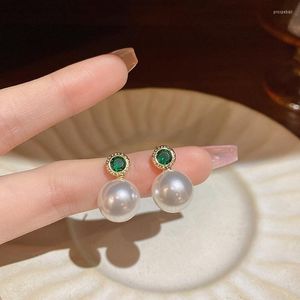 Ciondola orecchini rotondi imitazione perla da donna classica elegante moda gioielli stile coreano zirconi verdi