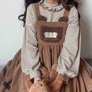 Klänningar houzhou vintage kawaii lolita klänning kvinnor vinter japansk söt björn broderi plysch fick corduroy rem midi klänning mjuk tjej