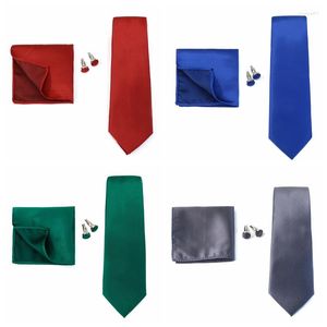 Bow Ties Huishi Men Solid Color Formal Wedding Slipsa Jacquard Woven Tie Handkakor Manschettknappar för Business Suit 3st