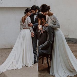 2023 Boho Beach bröllopsklänningar brudklänning två bitar en linje sexig rygglös långärmad domstolståg spets chiffon country brud dres274z