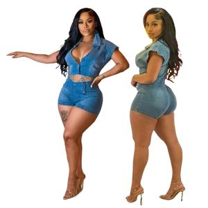 2024 Designer Denim Rompers Women Sexig Turn-Down Collar V Neck Ejressad Jumpsuits Single Breasted Playsuits Streetwear One Piece Overalls Partihandel kläder 9878