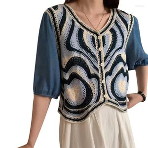 Camicette da donna Camicia a mezza manica in chiffon con ricami a fiori dolci Camicia a maniche lunghe all'uncinetto con bottoni Cardigan Top Patchwork Crop