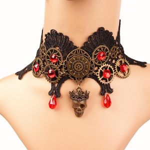 Colares pendentes Gothic Black Lace Cheker punk lolita estilo vitoriano vintage para figuraria de festas Colar de crânio de Halloween