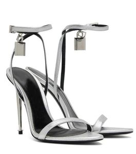 Elegant Brands woman desinger sandal Padlock Pointy Naked black Sandals Shoes Women Lock-and-key Metal Stiletto High Heels 100mm Sexy Lady Party Wedding Dress EU35-43