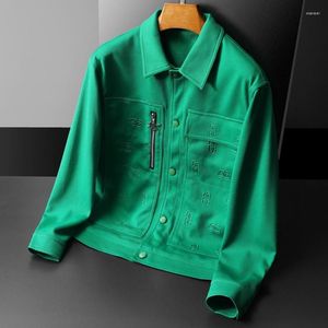 Men's Jackets Fall Green Zipper Decorative Jacket Trend Embroidery Slim Lapel Long Sleeve Men High Quality Casual Coat