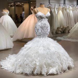 Luxury Feather Beaded Mermaid Wedding Dresses Spaghetti Straps Sequined Bridal Gowns Plus Size Sweep Train robes de mariee293A