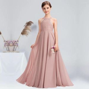 Girl Dresses A-line Halter Floor-Length Chiffon Lace Junior Bridesmaid Dusty Rose Flower Dress Summer Communion Guest