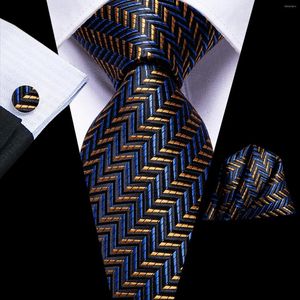 Bow Ties Hi-Tie Navy Blue Gold Stands Silk Wedding Tie för män Handky manschettkroppsmodedesigner Gift Nedeltie Business Party