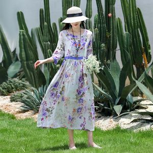 Elbiseler 2023 Yeni Varış İnce Işık Yumuşak Pamuk Keten Baskı Çiçeği Çiçek Çim Çim Yazımı Yaz Giydirme Seyahat Tarzı Kadınlar Günlük Midi Elbise