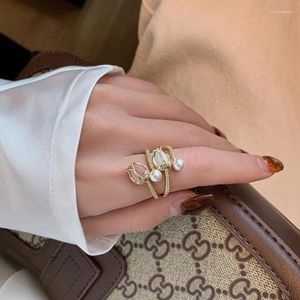 Wedding Rings Korean Tulip Flower Imitation Pearl For Women Fashion Opening Adjustable Zircon 2023 Trendy Jewelry Gift