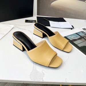 Summer mid-soled sandals fashion paired with comfortable square head leather slippers with pearl heels female designer factory shoes