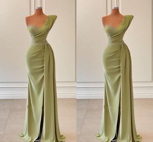 Green Plus Size Mermaid Evening Dresses For Black Women One Shoulder Pleats Draped Beaded Sequins Formal Special Occasion Pageant Birthday Party Prom Gowns