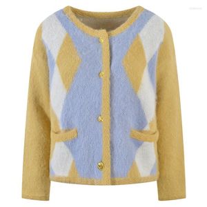 Maglieria da donna dolce diamante giallo mohair lana allentata casual maglione lavorato a maglia corto 2023 autunno o-collo cardigan abbigliamento donna