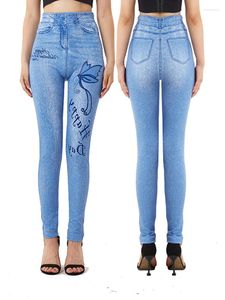 Women's Leggings INDJXND Light Blue Soft False Jeans Butterfly Print Women Plus Size Jegging High Waist Casual Pencil Pants S-3XL