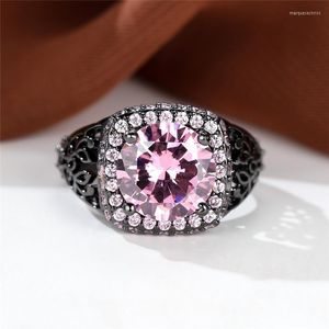 Wedding Rings Luxury Female Pink Crystal Stone Ring Charm Black Gold Big For Women Classic Round Zircon Engagement