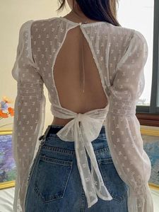 Camicette da donna Donna Sexy Backless Manica lunga Crop Top Camicetta Y2k Fasciatura estetica Camicia carina Estate Dolce Elegante Pizzo Hollow Blusas