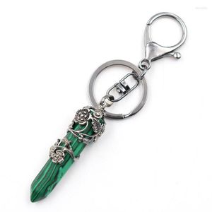 Keychains FYSL Silver Plated Circle Leaf Flower Wrap Hexagon Column Key Chain Many Colors Quartz Stone Trendy Jewelry