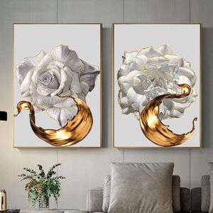 Dekorativa föremål White Rose Flower Golden Ink Splash Abstract Poster Nordic Art Canvas Målning Modern Interior Dekoration Målning Ny Frame 230516