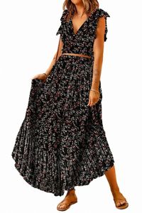 black Multicolor Floral Ruffled Crop Top and Maxi Skirt Set 56wv#