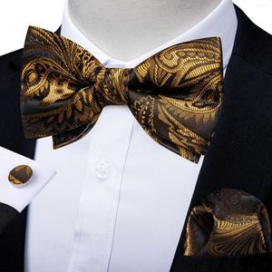 Bow Ties Fashion Gold Black Men's Bowtie Pocket Square Cufflinks Set for Wedding Party Business Pre-bindt Tie Man Shirt Accessory