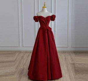 Dark Red Sweetheart Short-Sleeves Ruffle Mother of The Bride Dresses Satin Evening Dress