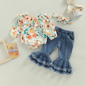 Completi di abbigliamento Set di vestiti per neonate Set di pagliaccetti floreali a maniche lunghe Pantaloni svasati in denim Fascia 3 pezzi Abiti primaverili e autunnali