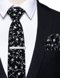 Bow Ties Classic White Floral Black Men's Tie Tie Pocket Square Clip عالي الجودة فاخرة من العنق القطني