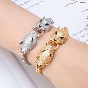 Catena Zlxgirl Perhiasan Besar Dua Macan Tutul Kepala Gelang per Pria Pasangan Hadiah Kualitas Tinggi Warna Emas Zirconia Tembaga Bangle Bijou 230517