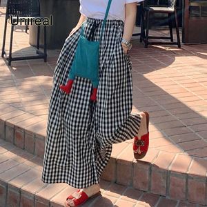 Womens Pants Capris Unireal Summer Women Wide Leg Culottes High Waist Drawstring Casual Palazzo Plaid Cropped Trousers Skirt 230516