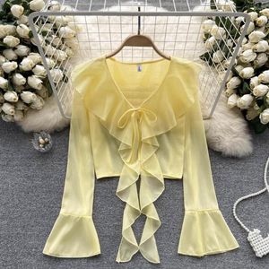 Women's Blouses French Long Flare Sleeve V-neck Ruffled Chiffon Shirt Women Summer Thin Sweet Chic Short Tops Solid Color Blouse Mujer K507