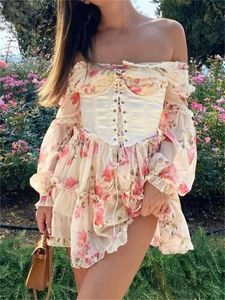 Casual Dresses Party CHRONSTYLE Vintage Off Shoulder Long Sleeve ALine Short Dress Women Fairy Elegant Square Neck Bandage Corset Mini 230517