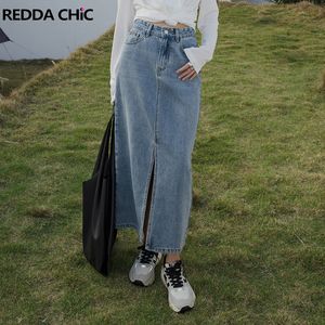 Skirts ReddaChic Plus Size Women Jeans Skirt with Front Slit Maxi Long Summer Stylish Casual Plain Tall Girl Friendly Floor Denim Skirt 230516